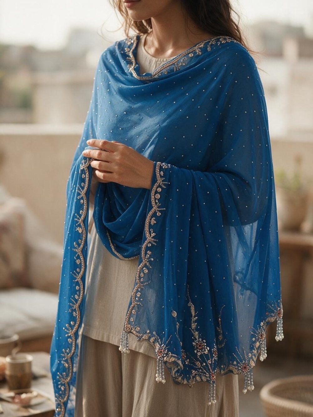 Elegant Blue Embellished Women's Dupatta